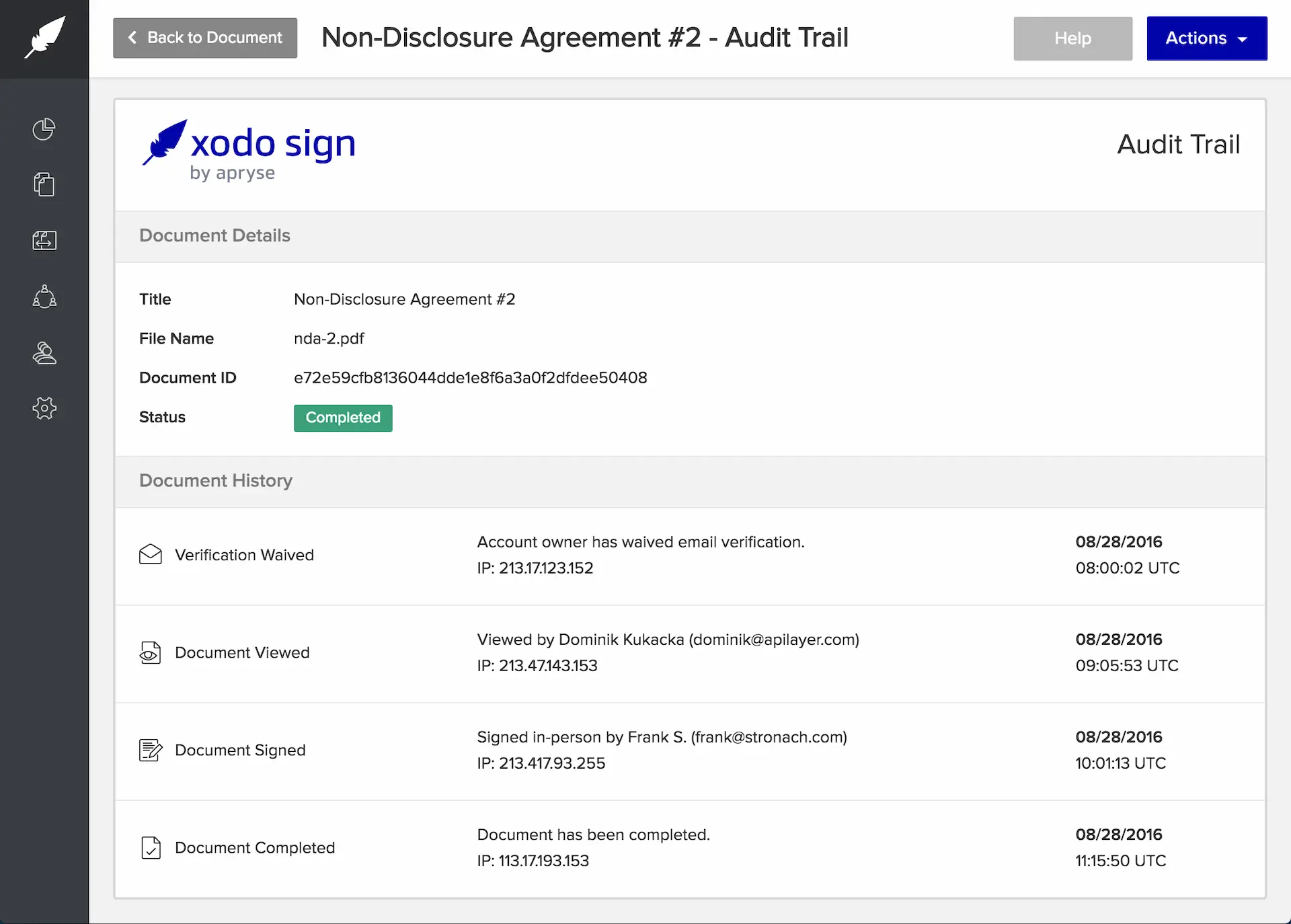 Detailed audit trail showing document access and activity history in Xodo Sign